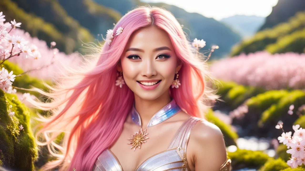 Portrait of a gorgeous smiling asian goddess with a golden taned skin, long smooth clear pink hair, blue eyes, in a sci-fi outfit with luminous strikes in a hill of flowers with sakura trees, a small torrent, loads of mini flowers, moss, sun rays through the branches, particles in the air at spring