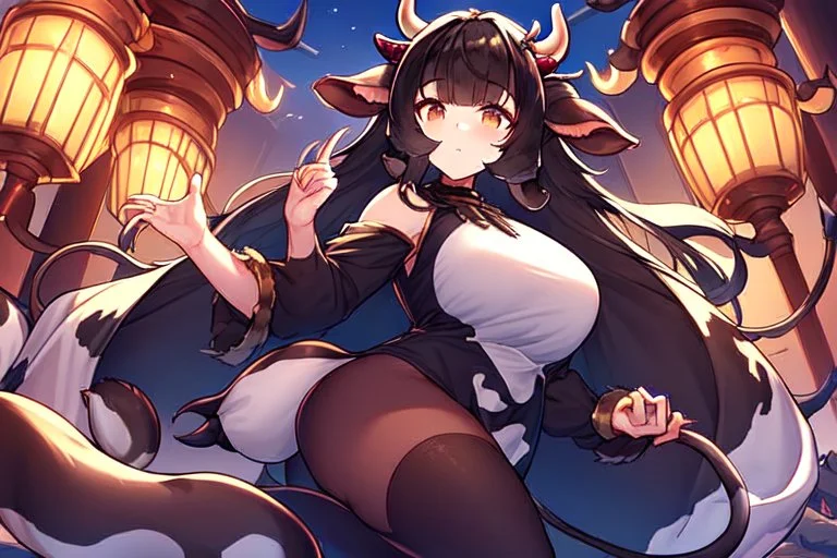 Girl, cow tail, cow horns, cow ears, dark hair, hooves on hand,