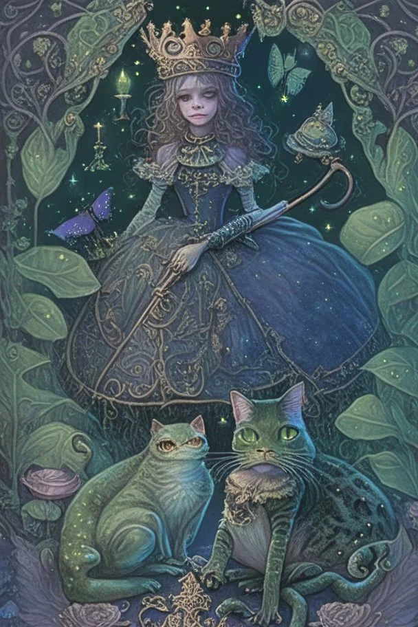 dark fantasy, intricate cover, whimsical with a cat in boots, a frog with a crown and a fairytale princess with a glass slipper