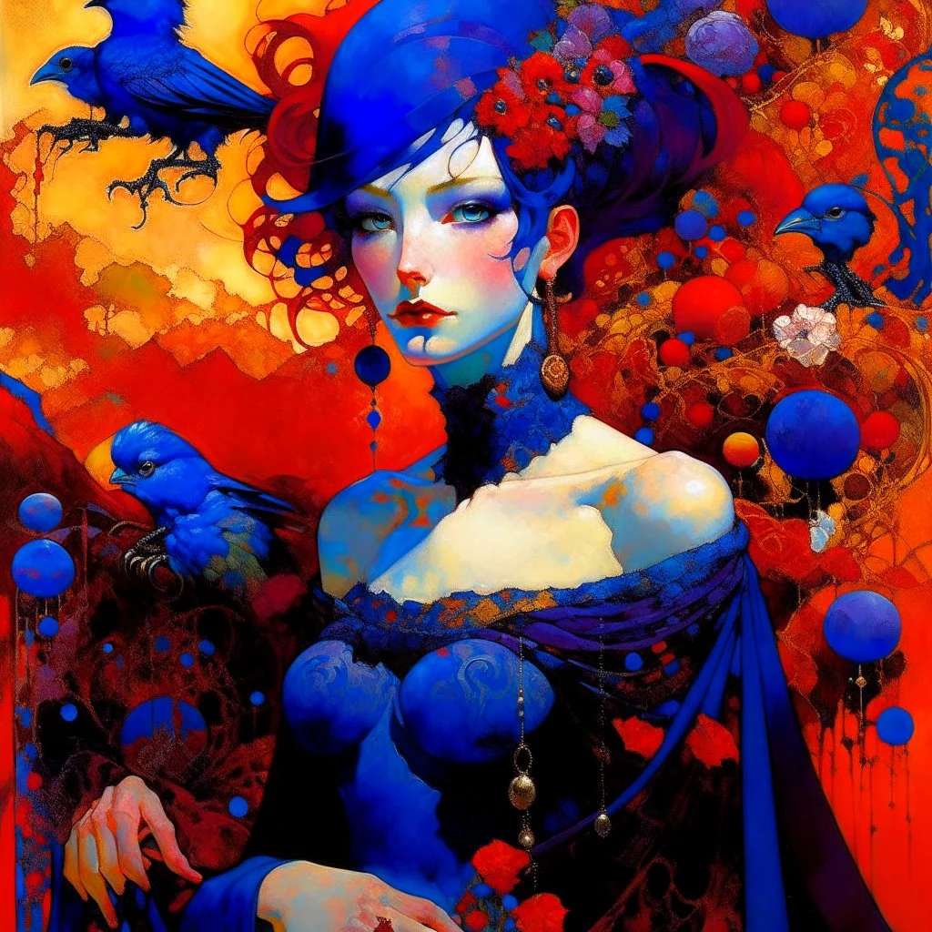 Art by Alice Rahon, Richard Burlet, Odilon Redon, Raymond Swanland, Andrey Remnev, Conrad Roset; Rebellious ravishing girl Rachel, regal in royal blue and ribuli, roaming through the radiant realm of the rainbow river valley with her ruby colored hair, meets a rare raven in a rolling hills of resplendent roses and rustling reeds, under a riotous reflective hues sky.