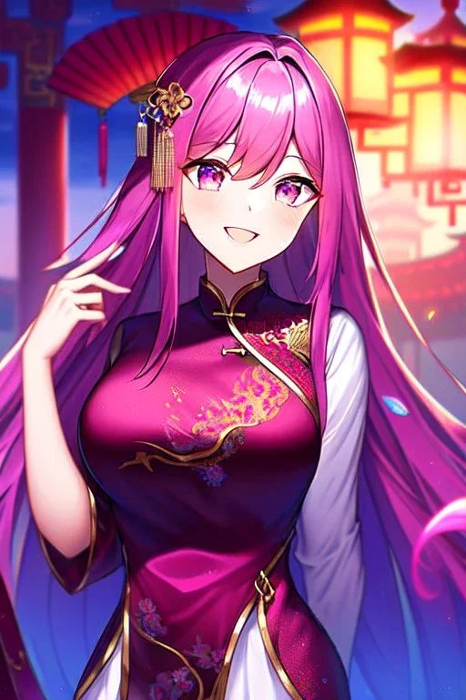 girl, masterpiece, best quality, cinematic lighting, detailed outfit, vibrant colors, perfect eyes, long hair, fuchsia hair, fuchsia eyes, laughing, chinese clothes,