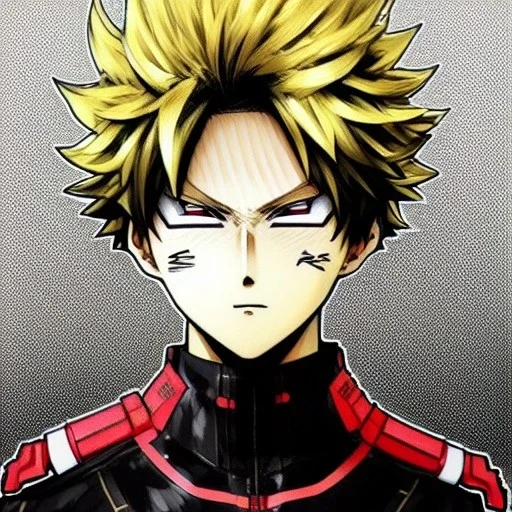 Detailed anime portrait of bakugo from my hero academia, gold hair and golden eyes, black suit, intricate details, full body portrait, keep head in frame, slight smile, black Japanese motif, concept art, highly detailed, digital painting, concept art, sharp focus, illustration, art by Yoji Shinkawa, WLOP and greg rutkowski and alphonse mucha and artgerm and yanjun Chen and Junji ito and Makoto Shinkai, HDR, octane render