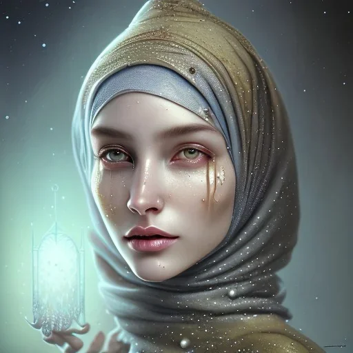 dripping, runnt, melting watercolor painting as woman's face, wearing hijab, fine detail, highly intricate, modern surrealism painting, fog, high-quality, volumetric lighting, 8k, ultrahd, George Grie, Marco Escobedo, Igor Morski,Brian Froud, Howard Lyon, Selina French,