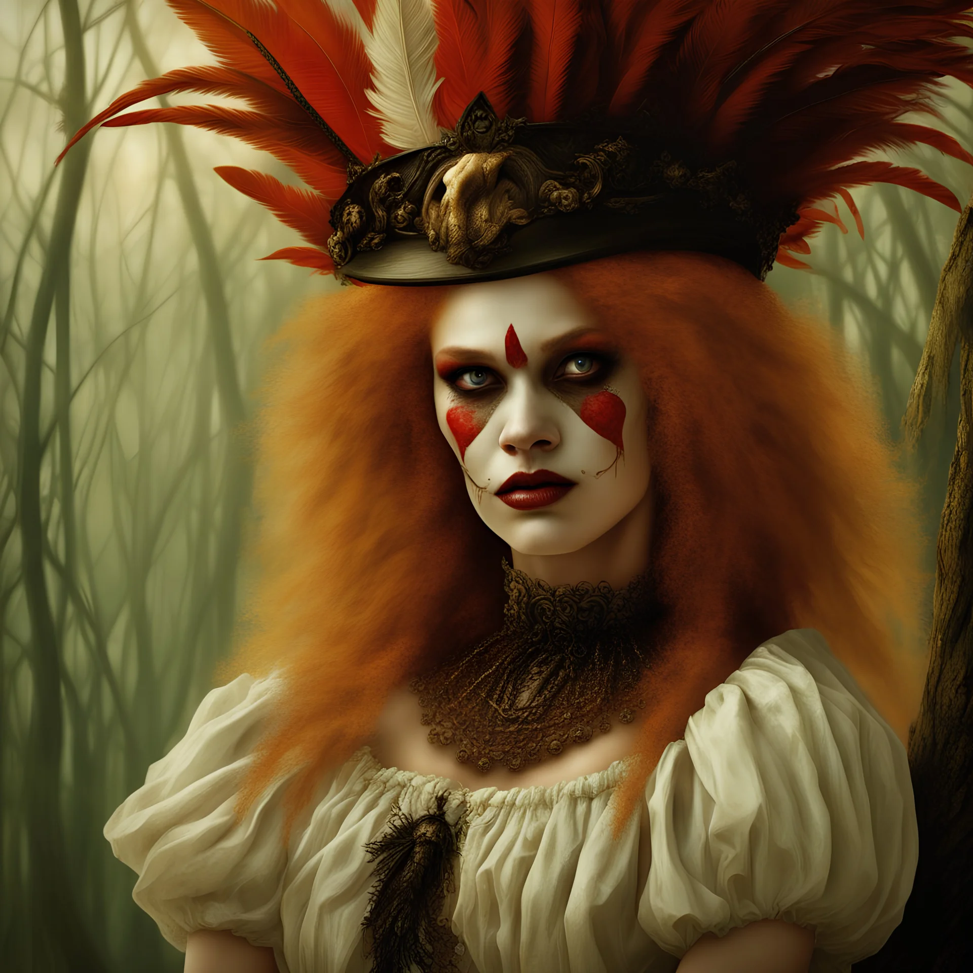 Photorealistic, Cajun swamp, A beautiful evil smirking scary looking, white young lady clown, reddish blonde hair, from Louisiana bayou with fine realistic black gold and red feathers, gorgeous face and features, a poor lady but beautiful and interesting background, award winning photo, Karol Bak, Caravaggio,