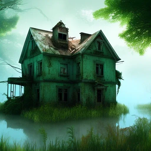 Abandoned house, overgrown, partially submerged,Interior, water inside