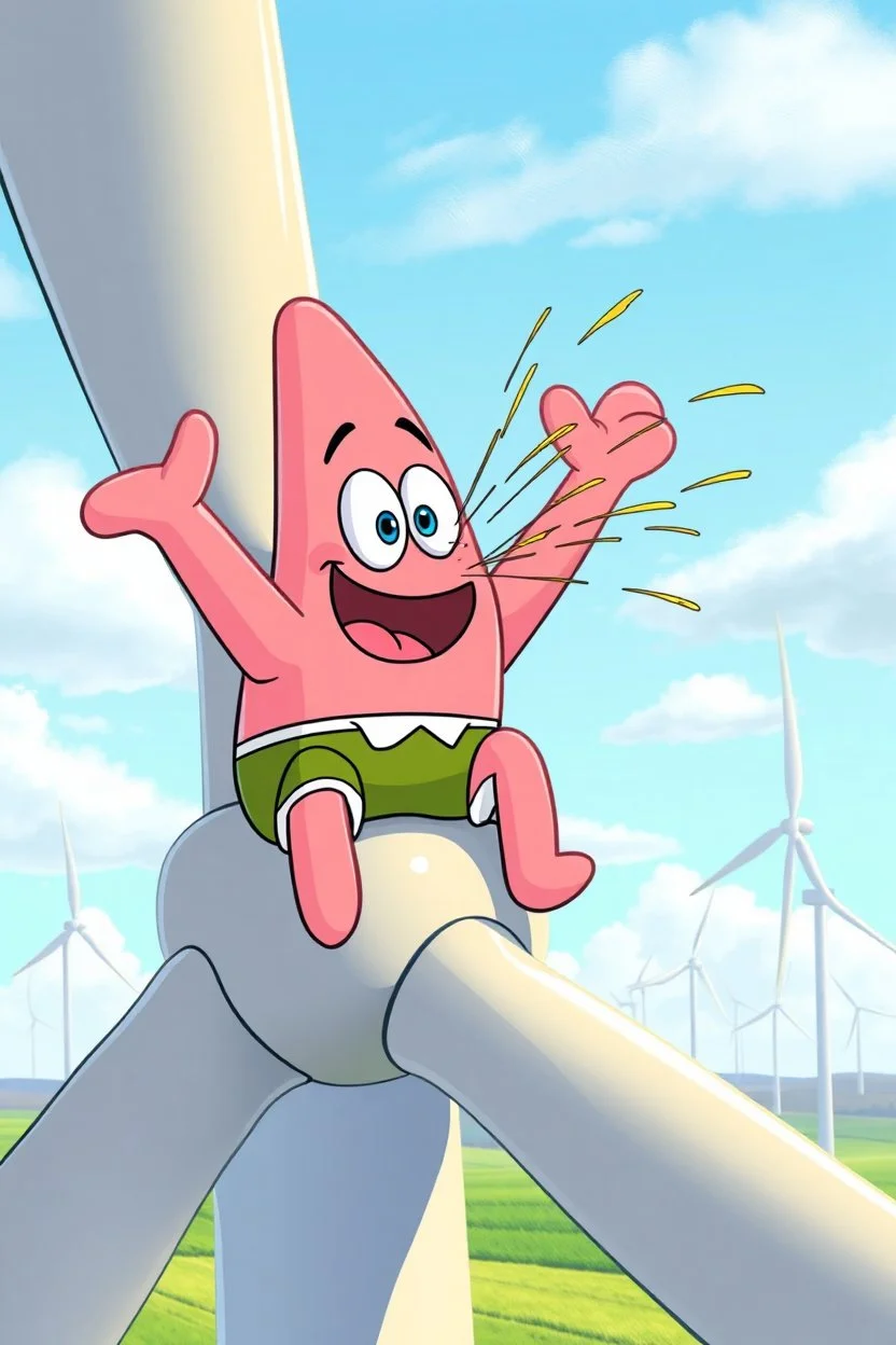 Cartoon style, Patrick (from the cartoon spongebob) sitting on the blade of a wind turbine, with speed and wind hitting him in the face, wind farm in the background