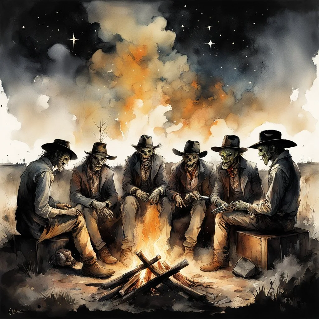 expansive wide shot of zombie cowboys sitting around a fire in middle of a prairie at night, impressionism, watercolor painting, medium visible brush strokes, ink splatter, depiction of light in in its changing qualities, cosmic horror, by Claude Monet and Stephen Gammell and Gabriel Pacheco, opulent moonlight, diagonal composition, by Russ Mills