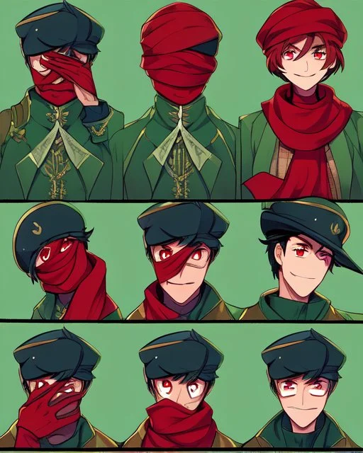 Manga comic character, short brown hair, smiling madly, dark green background, wears a green coat, wearing a cap from this coat covering part of his face (one of his eyes), red scarf and also has a light skin tone, red eyes and light in the place makes his face darker and more mysterious and his eyes glow red.