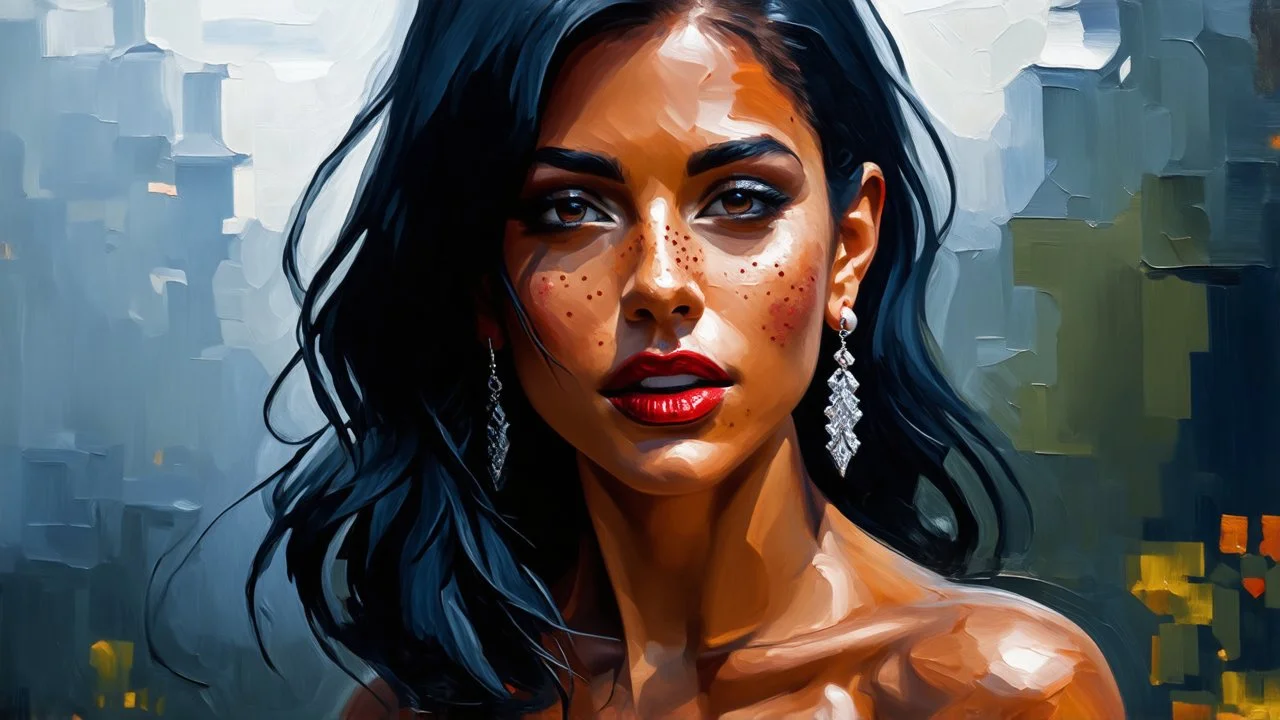 abstract digital art, impressionism, blurred look and feel, byzantine alcohol oil painting of a stunning woman with black hair and red lips, earrings, freckles, Disney noir style, masterpiece, 32k resolution, hyper detail, fine details, airbrush strokes, foggy feel and view, on canvas, magic, 8k concept art, dark lighting, hyper detail, intricate detail