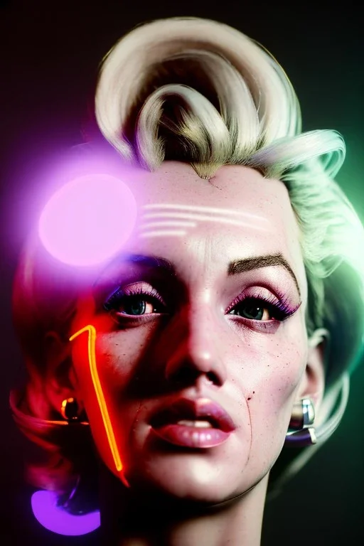 Ultra Realistic image, portrait, blonde woman, sweet Marylin Monroe face, perfect iris, glow eyes. Cyberpunk style. soft color, highly detailed, unreal engine 5, ray tracing, RTX, lumen lighting, ultra detail, volumetric lighting, 3d, finely drawn, high definition, high resolution.