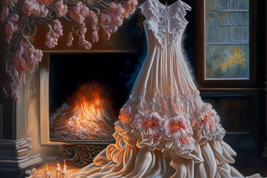 A beautiful romantic ruffled dress, decorated with beautiful embroidered flowers and lace, hanging on a hanger in a bedroom by the fireplace, in the light of the fireplace, Hyper realistic, oil on canvas award winning fantastic view ultra detailed acrylic art Ultra realistic Impressionism Surrealism simen johan, sharp focus intricate oil on canvas cinematic lighting photorealistic high detail ultra detailed crisp quality colourful