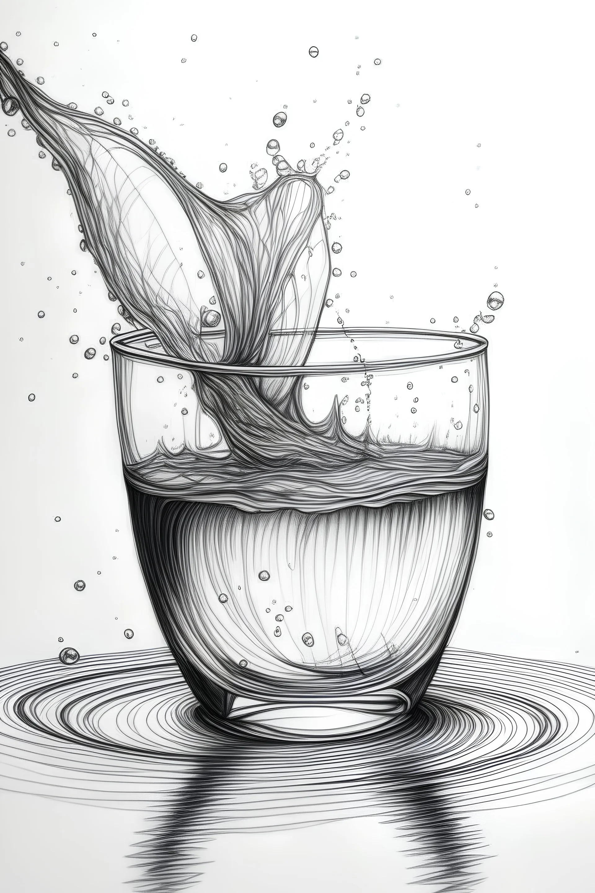 8k pencil drawing of water spiling out of a glass