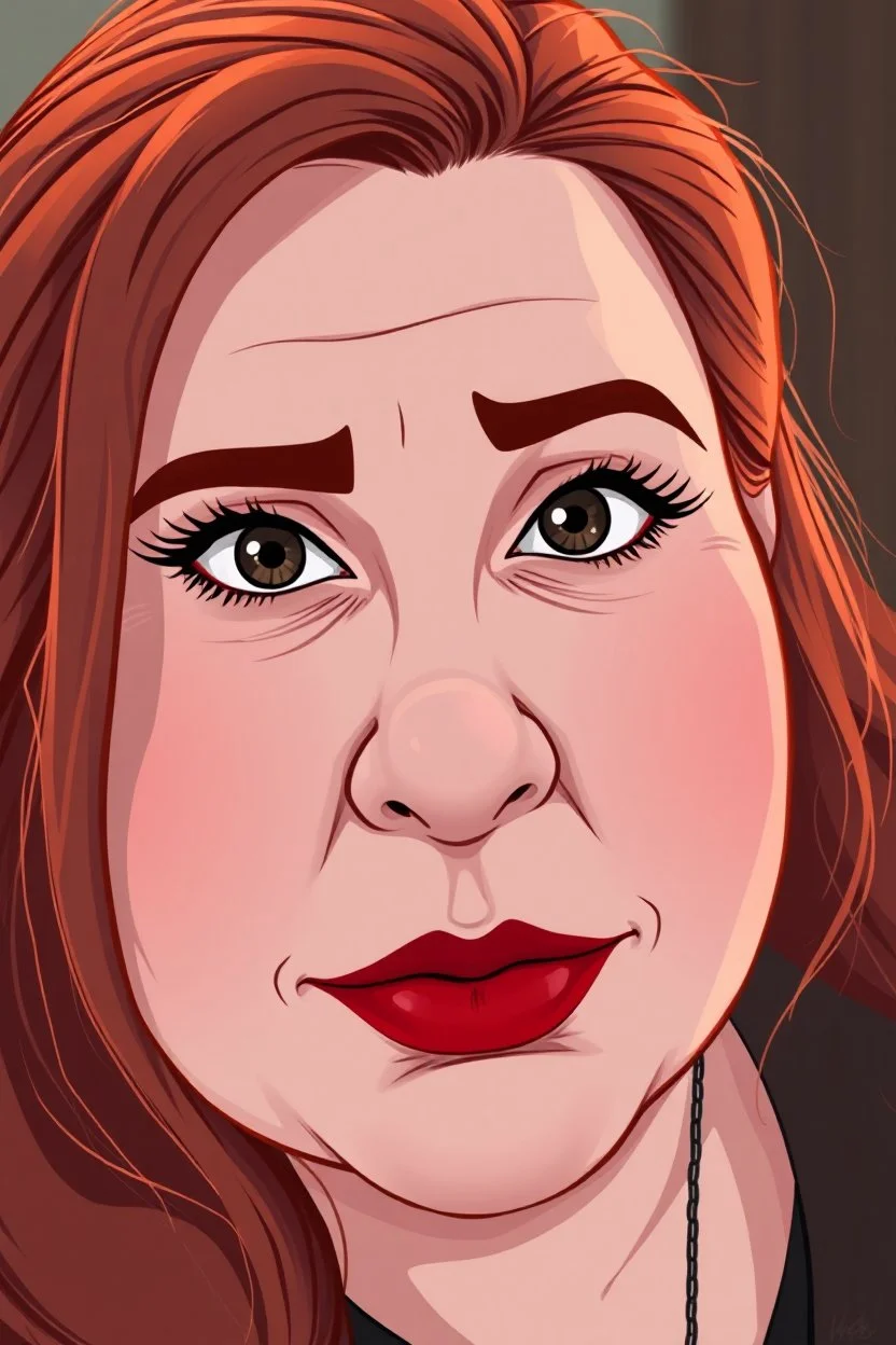 In a realistic, non-anime, cartoon style like: Portrait of 40-year old chubby redhead with thick red lips and smoky eyes with long lashes who looks like Jewel DeNyle