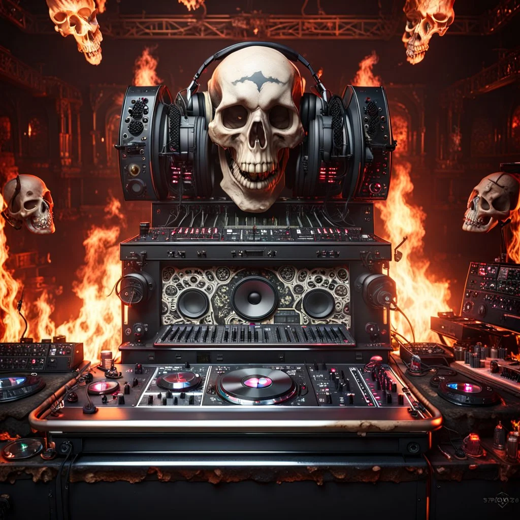 DJ of the damnded, insanely detailed DJ booth in hell, MID set, speakers and equipment made of bone, anatomically correct, add more skulls in th audience, photorealism, vray, 8k 3d https://stablecog.com/generate?o=a67b60e0-edd2-418d-9744-d1d585055d7fv https://stablecog.com/generate?o=93026b00-ac6b-436a-bc57-6aa04073d4a9