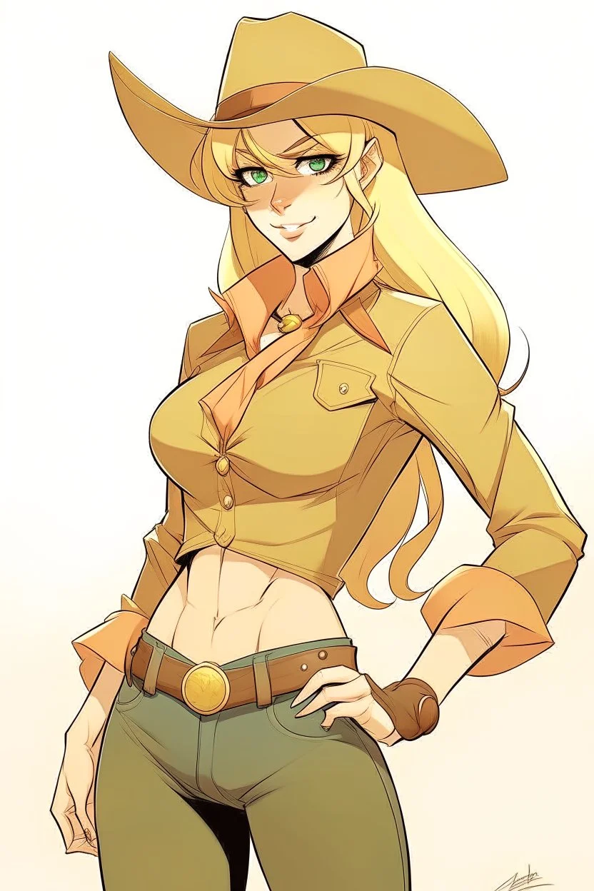 An anime style drawing of a buff cowgirl. she is blonde has sideburns. she is wearing chaps and a cowboy hat.