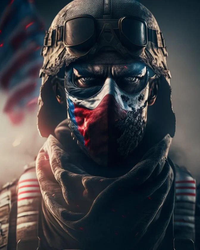 The United States of America personified as a villain, Cinematic style, Blurred background, High Detail, HR, Dark Background, realistic physics, photorealistic, ray tracing, unreal engine, HDR, 8K, USA, Terrorist, masked American, war background, scar faced, Berber