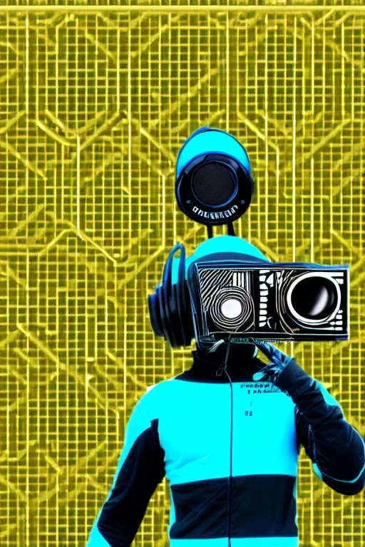 Metallic Cyber-punk style camera-mask and headphones. Large fencing mask covers cheeks. Trim man. Reflective plastic body surface, golden skin, full-coverage. Head full of integrated old-fashioned cameras and old telephones. Golden to cyan surfaces body. Perfect body. Equations, Euclidean 3D-tiling, Escher tiling. Soviet propaganda in 1990's. Cables in head. Daft Punk. Matrix leather jacket. Hoodie, beanie