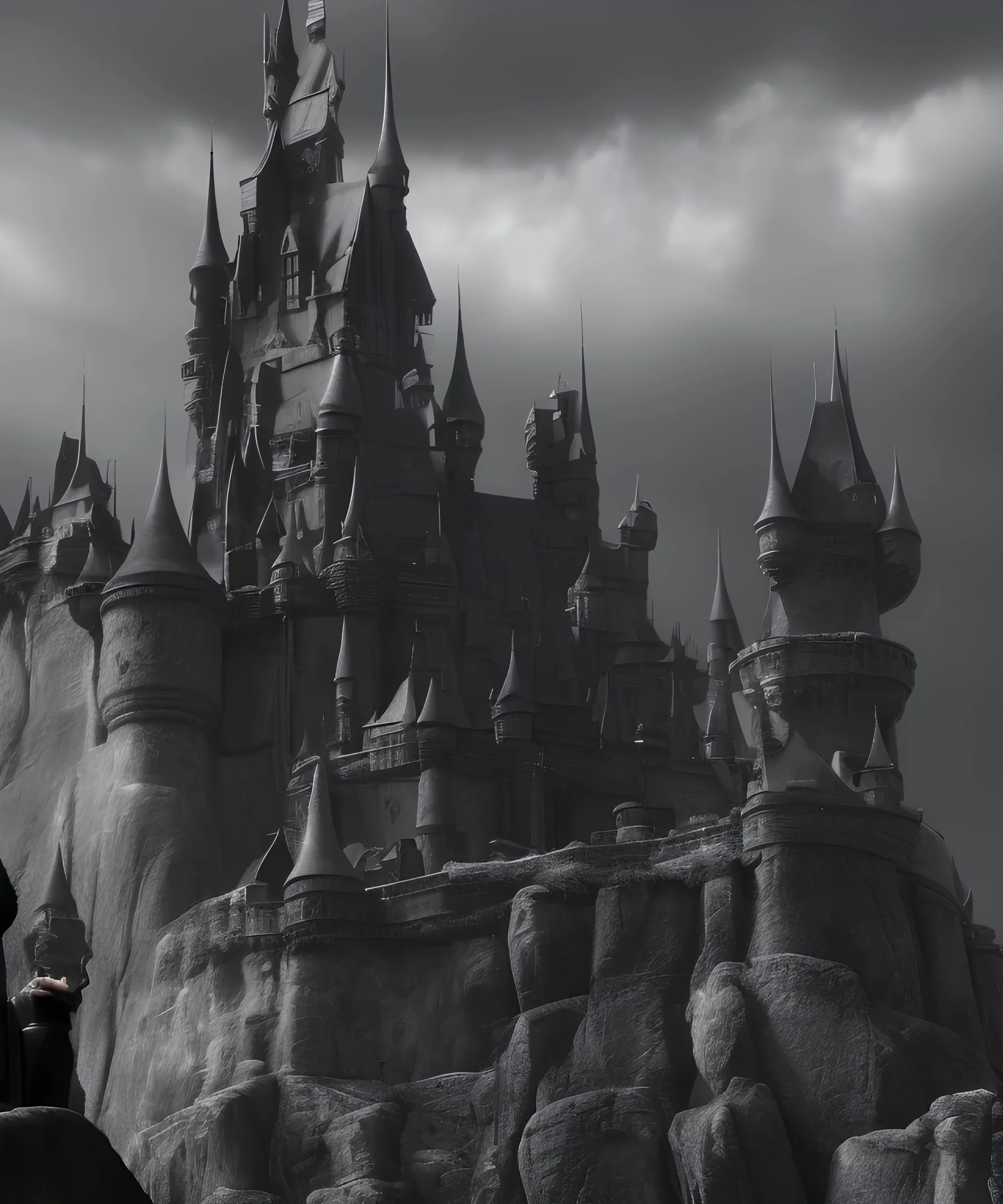 A large dark castle sitting on a cliffs edge ,black and white,horror