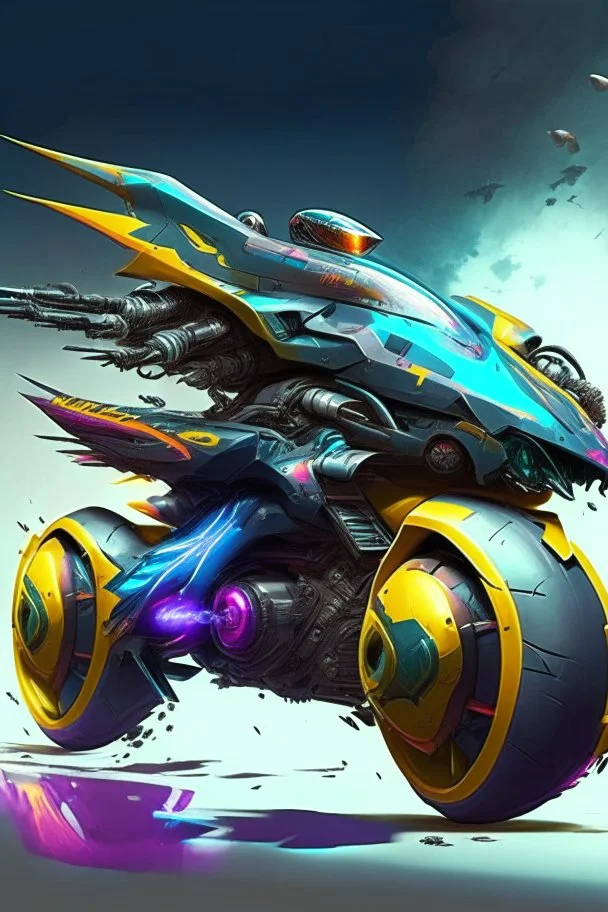 A combination of ultra-advanced car and crazy Max fighter, super sporty, with color and nano technology An advanced motorcycle with four wheels and a turbo jet in the back with rockets and machine guns,At war with humans