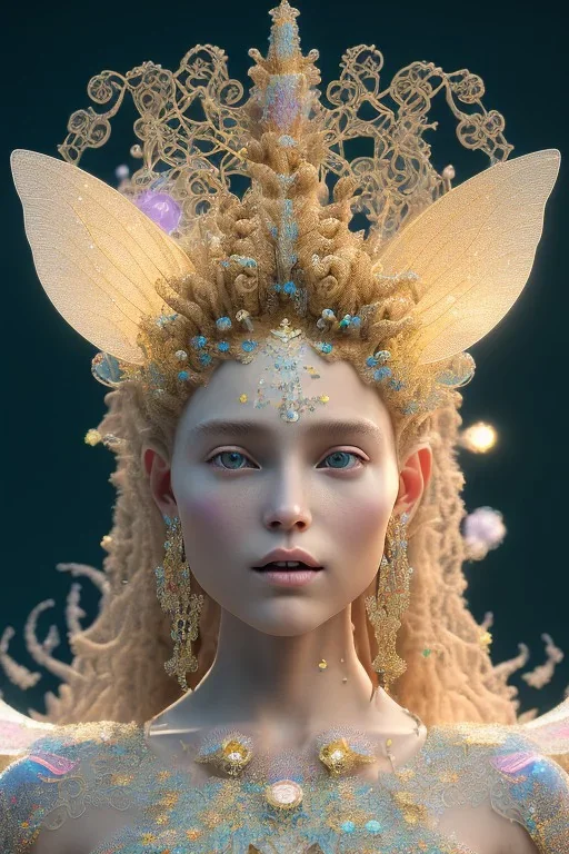 A portrait of a crystalline fairy, smile, mythical,fantasy , magnificent, majestic, highly intricate, Realistic photography, incredibly detailed, ultra high resolution, 8k, complex 3d render, cinema 4d