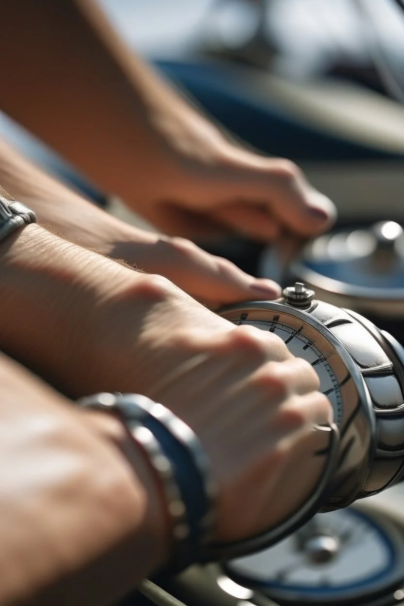 Create a dynamic scene of a regatta with multiple sailboats competing. Zoom in on a close-up of a sailor's wrist, highlighting the sailing watch as they skillfully navigate their boat through the course.