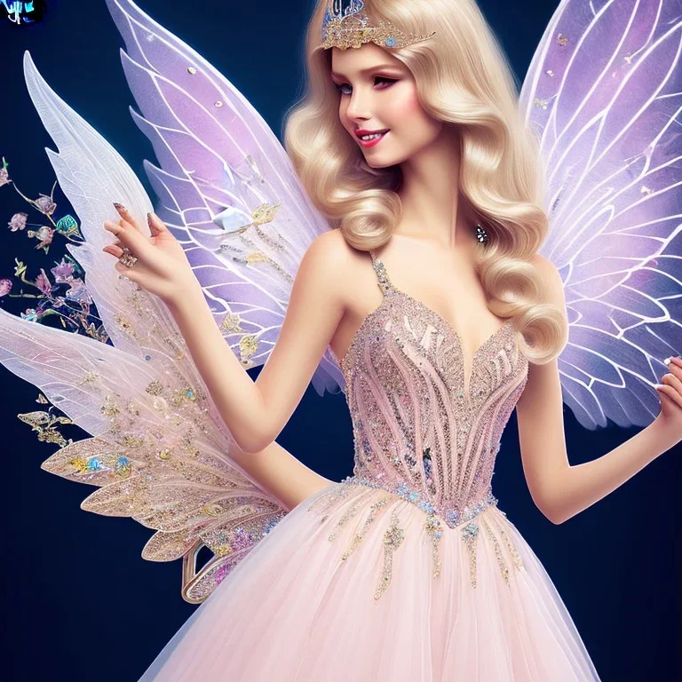 fantasy fairy with transparent wings, smiling, make up, tatoo, elven crown, long platinum blond hair, pink dress