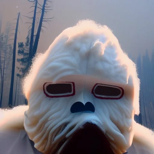 subject = (Yeti in a mask) background = (wildfires, flames, mountains, fires, smoke, disaster)