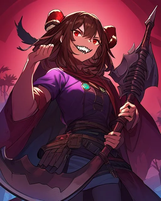 girl, brown hair and freckles on her cheeks, red eyes, has sharp teeth, wears a male battle outfit, has a large axe, hair covers one of her eyes, she is tall and strong, her main color is purple and black