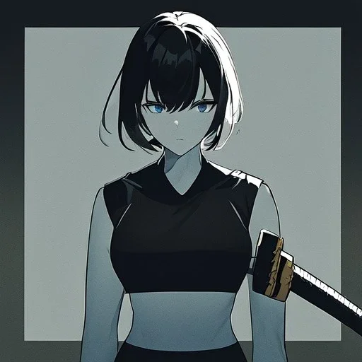 Clear focus,High resolution, black short fluffy hair, long fluffy bangs, and dark blue eyes, Depressed girl, wearing a black short shirt with a black sleeveless crop top, dark aura, controlling water, in a black room, holding a katana, Line art