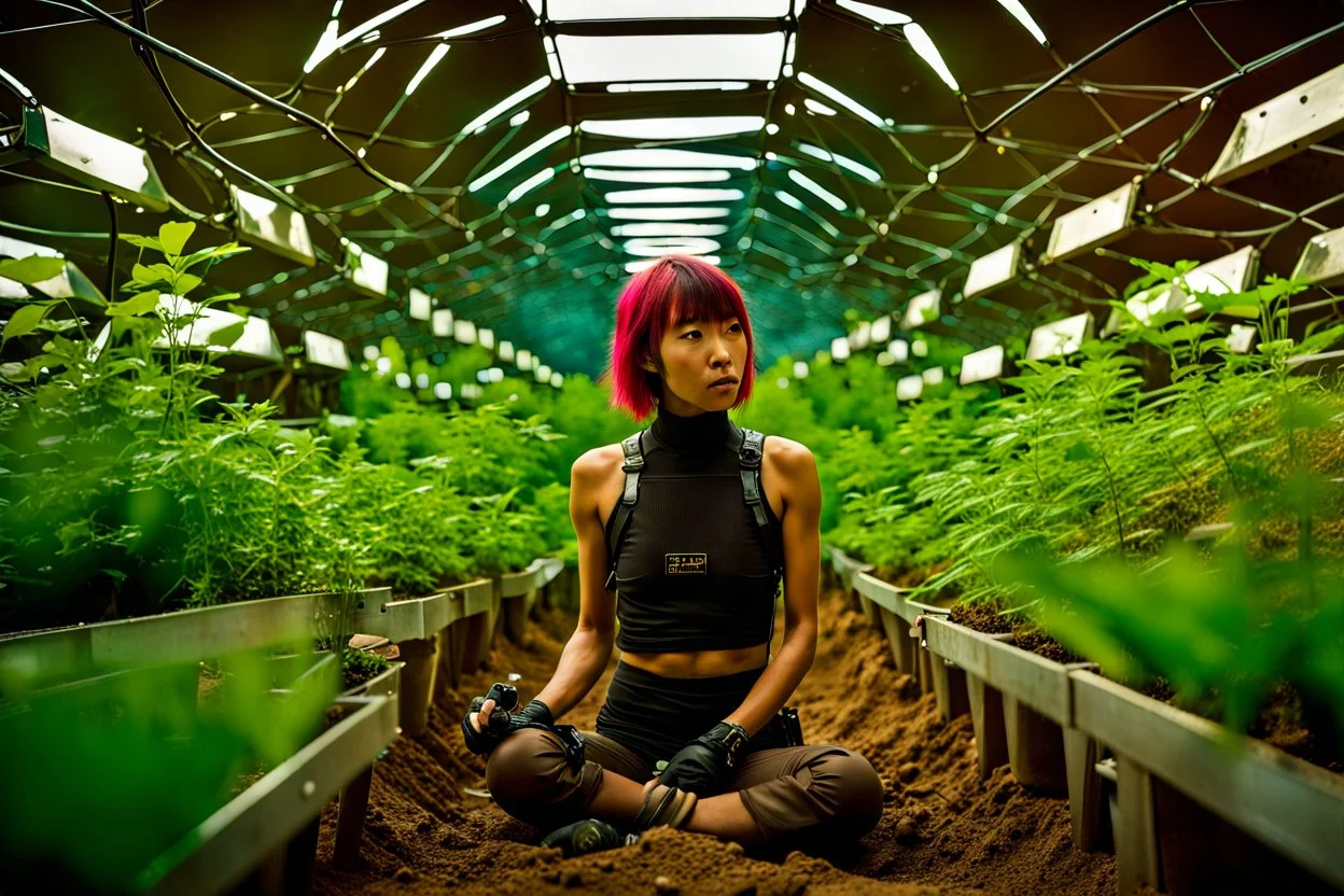 Unground solar punk tunnels, cinematic, extreme dof, dystopian, sci-fi, award-winning, Yui working hard in a garden, National Geographic, breath taking, oxygen farm but outside is a desert, fantasy, magical, geometry