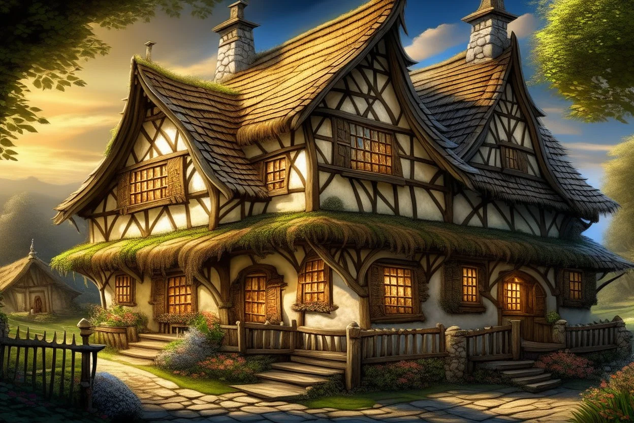 An image depicting a picturesque, richly detailed traditional thatched house with a rustic charm, similar to the work of masters such as Josephine Wall or Tomasz Alen Kopera. The house should have a warm white facade with visible texture, perhaps reminiscent of a plaster finish, and a thick straw-colored thatched roof with signs of natural weathering, as well as a couple of distinctive, textured chimneys with red tiles and white tops. The house should feature small, symmetrical windows with a cl