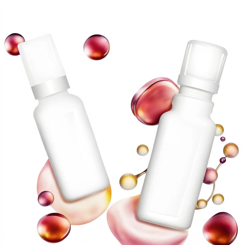 two cosmetics bottles are on a silk fabric, behind a beautiful floral spring floral background, the picture is top view, in the background there are beautiful soap bubbles, molecules and honeycombs, high-quality picture, top view