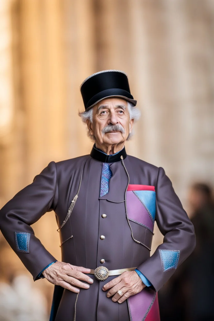 Einstein i n Azerbeyjan traditional costum color full ,upper body ,blury background ,closeup ,sharp focus