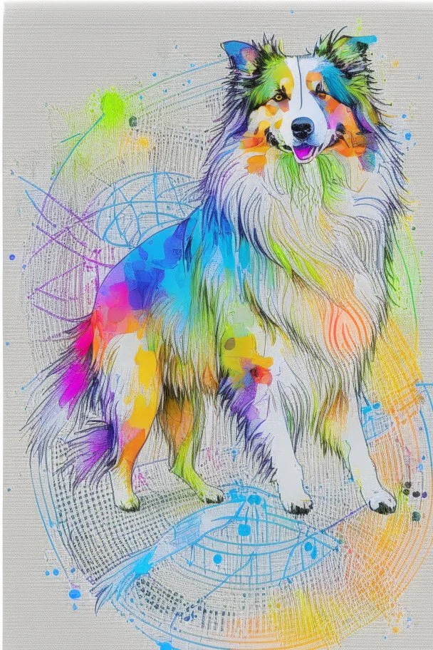 Abstract wet watercolour of a rough collie, ink lines, interlinked circles,detailed