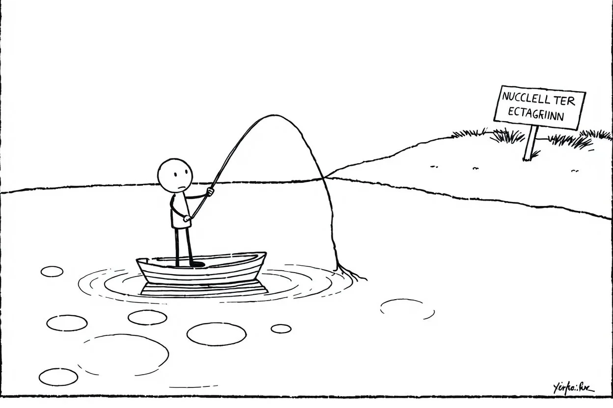 black and white stick figure comic panel in XKCD style. The scene shows a stick figure standing on a tiny, floating boat in the middle of a bubbling pond, holding a fishing rod. The fishing line extends into a the pond, and the stick figure looks puzzled as the line is being pulled taut. In the background, a small sign on the shore reads: "Caution: NUCLEAR DUMPING GROUND." The linework is simple and clean, with minimal details, typical of XKCD comics.