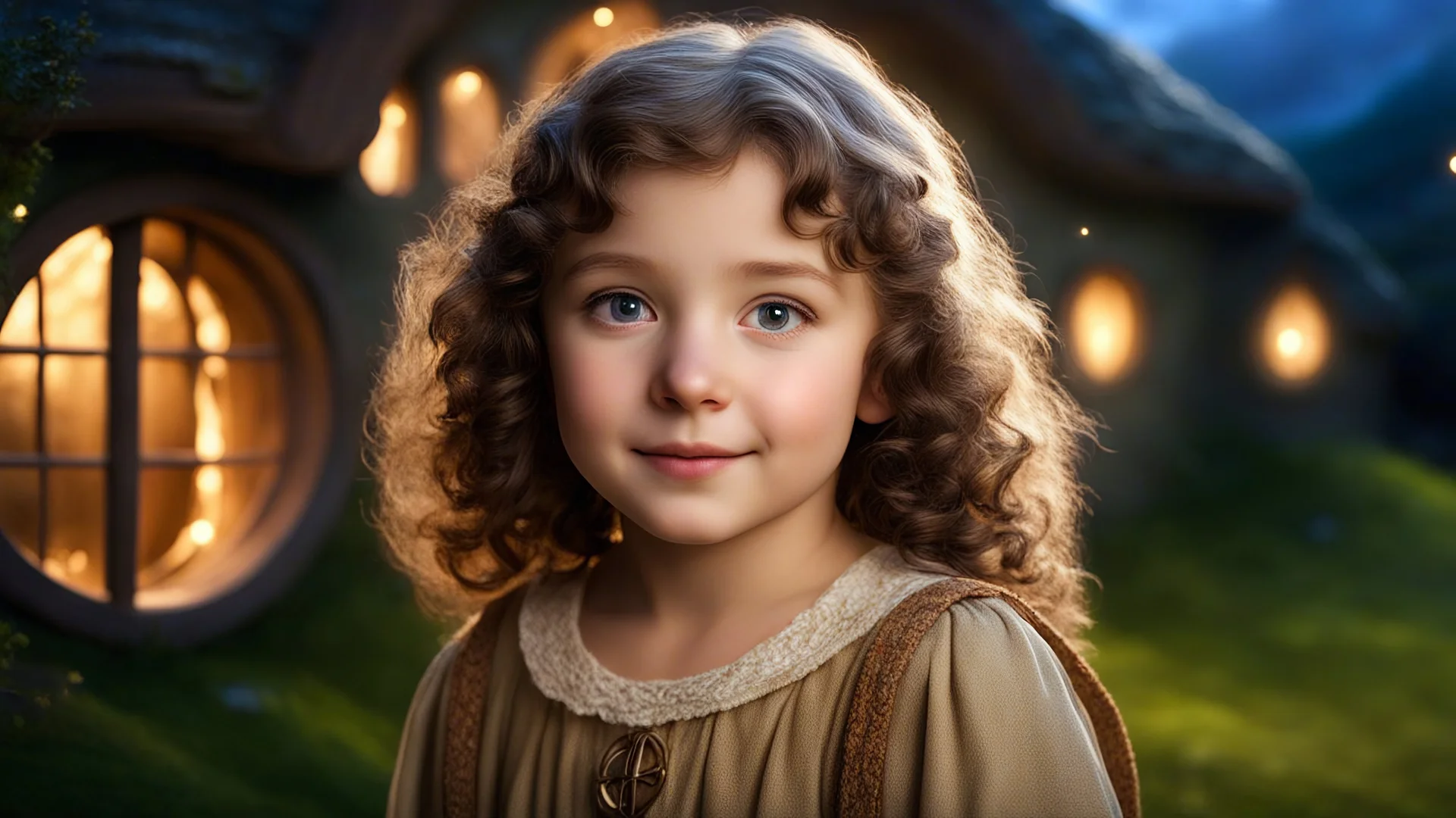 Little very young hobbit girl, beautiful, confident, calm, wise, happy, innocent, facing camera, head and shoulders, curly hair, hobbit clothing, perfect eyes, LOTR village, hobbit homes with circular windows and circular doors, night scene, stars, fireflies, 16k artistic photography, exquisite composition, photorealistic concept art, soft natural volumetric light, chiaroscuro, award-winning photograph, masterpiece, style William-Adolphe Bouguereau