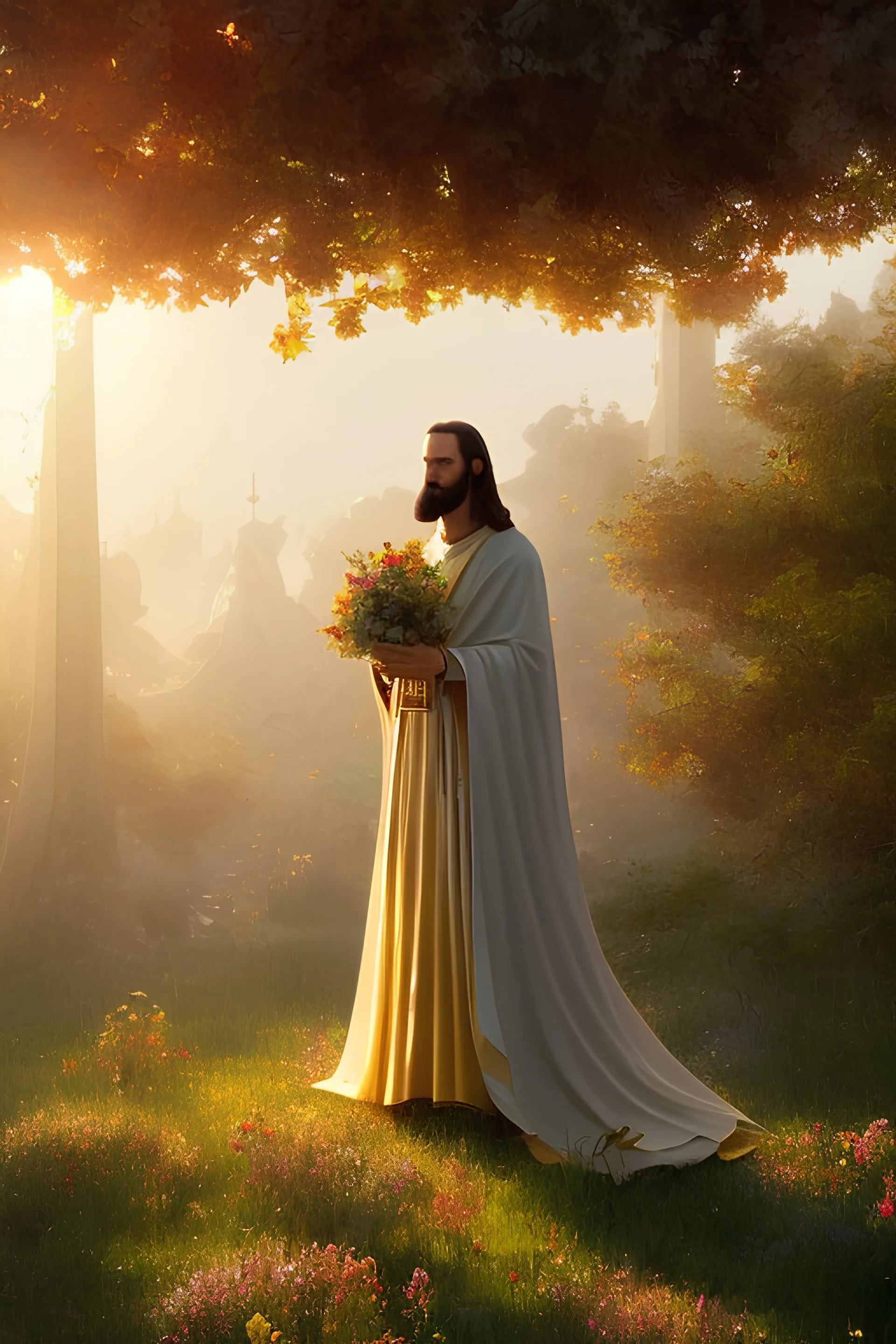 Jesus portrait, detail hands, at dawn by atey ghailan, golden light , white robe, holding leaves and flowers , 16k resolution, angels background, volumetric light, high detail, red leaf tree, mountains in background, perfect