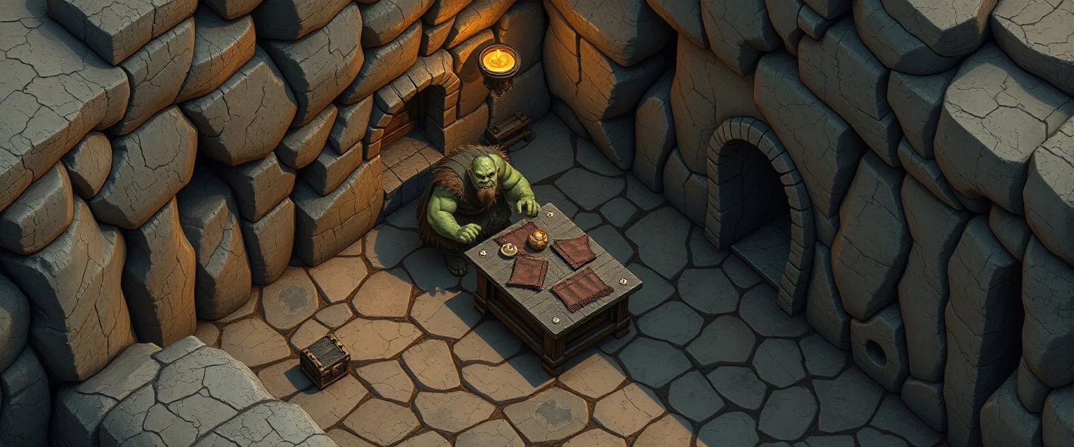 isometric map of 4x4 meter room, with an ogre and an orc captain, and a chest under a table, the room is rough and cavelike