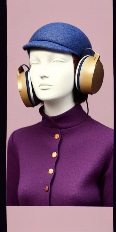 Everything she wear is in the image. of young woman, plum-blue-magenta-camouflage. She wears mantel and simple blouse.Felt cloth visor with tippet. SMALL FELT CAP is merged to Old AKG headphones with recognizable Golden rings! cloth materials are denim and felt cloth mixed. Fashion 1990's. Colors: Cream white, zinc plate, red ochre, ochre, orange - all mixed. Thick tights. Thick calves. She is in figure from top to toe.