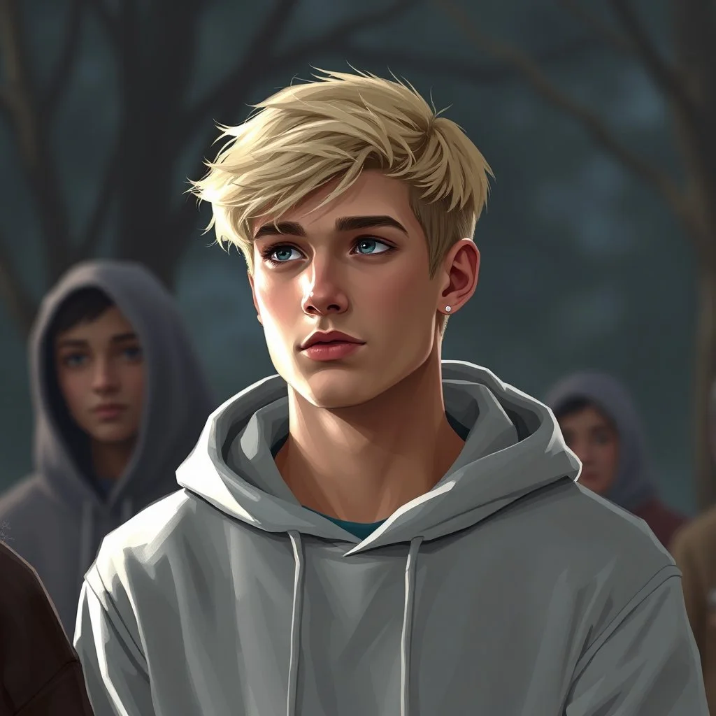 cool blonde hair blonde eyes guy yound in a hoody talking about philiophy ton his friends, avatar style life realism