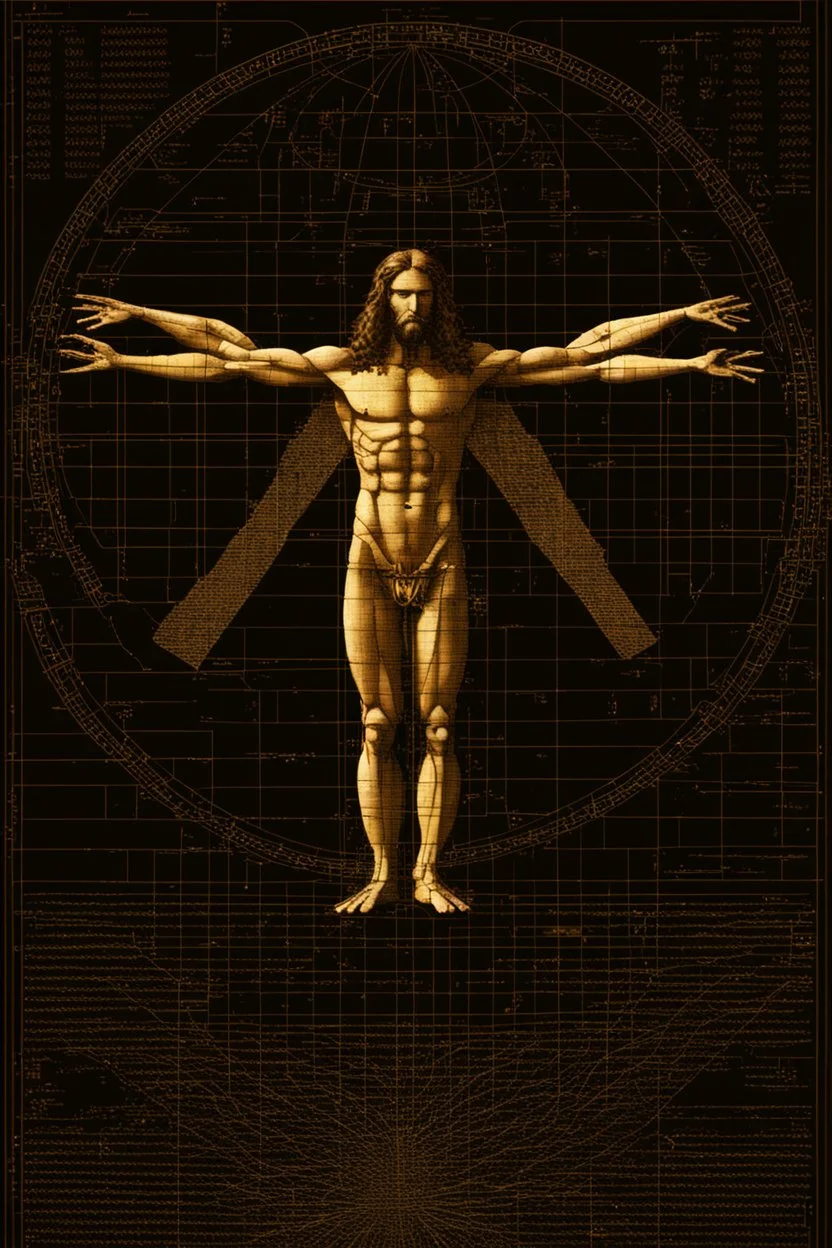 Human – Language – Computer. Leonardo da Vinci's Vitruvian man against the background of the matrix and the crumbling ones and zeroes.Solid science fiction, high resolution. Clear elaboration of all the details.