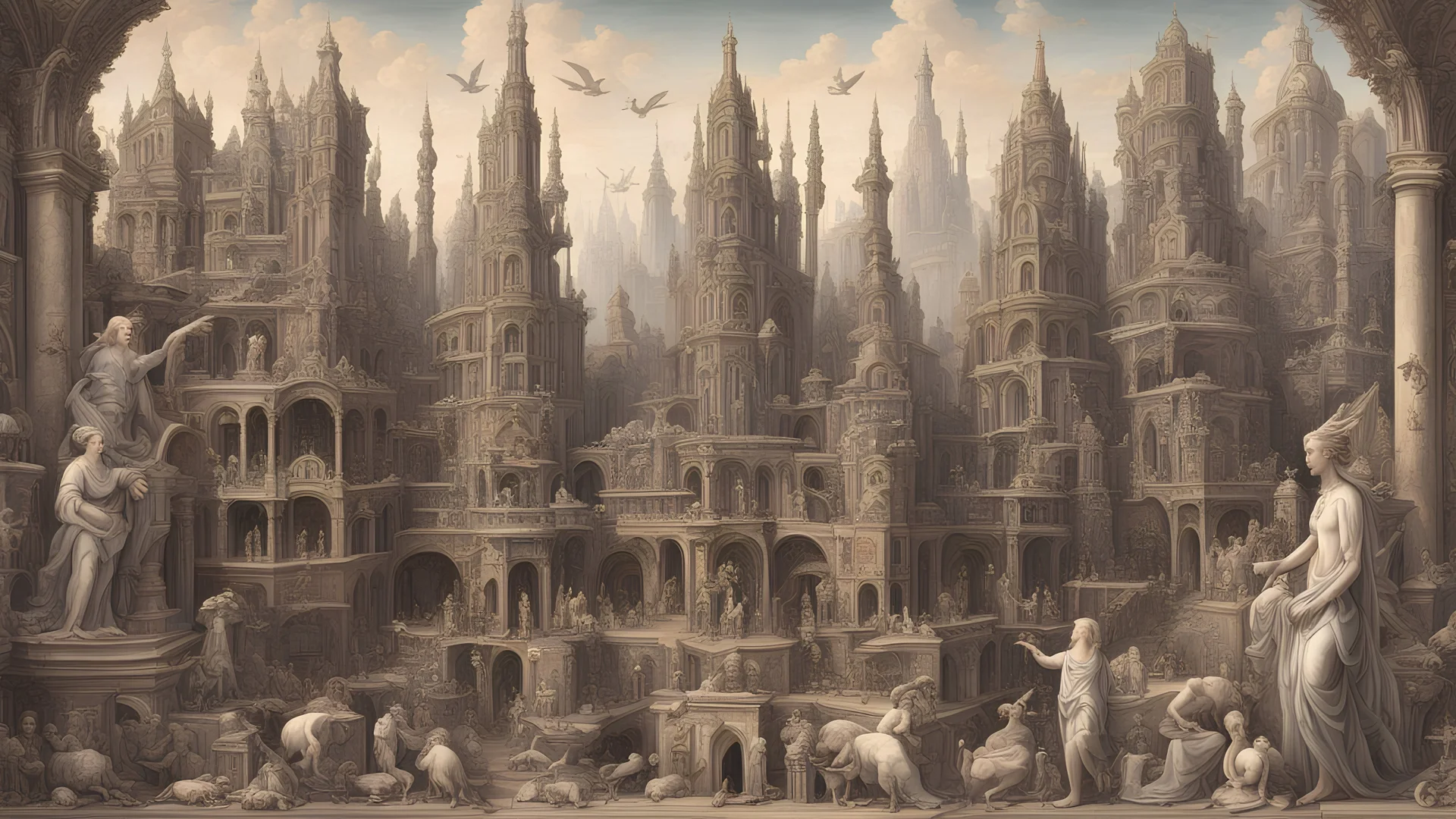 Depiction of an elaborate fantasy cityscape with various architectural styles, including classical and gothic elements, with statues of humans, animals, birds, and mythical figures with multiple levels of buildings.