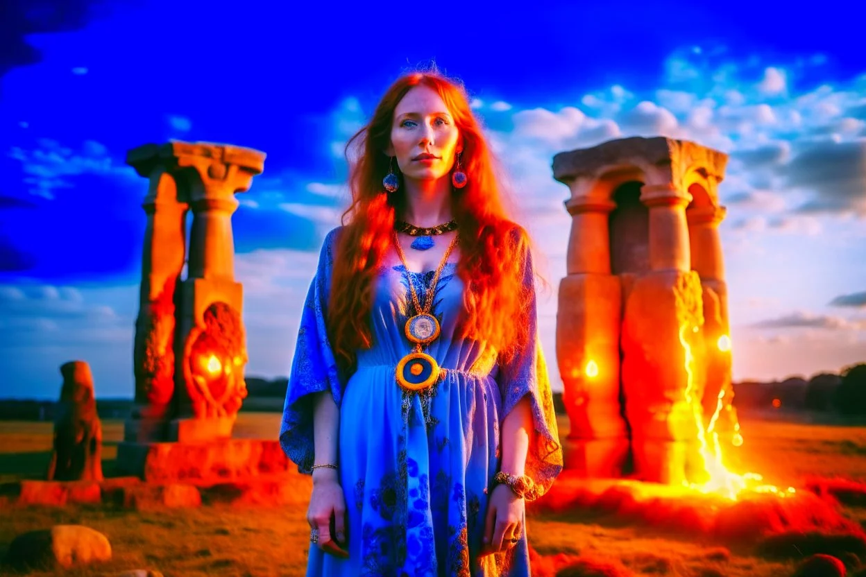 Full body shot of a tall slim red-headed young woman, dressed like a gipsy, standing in front of Stonehenge in a flaming circle