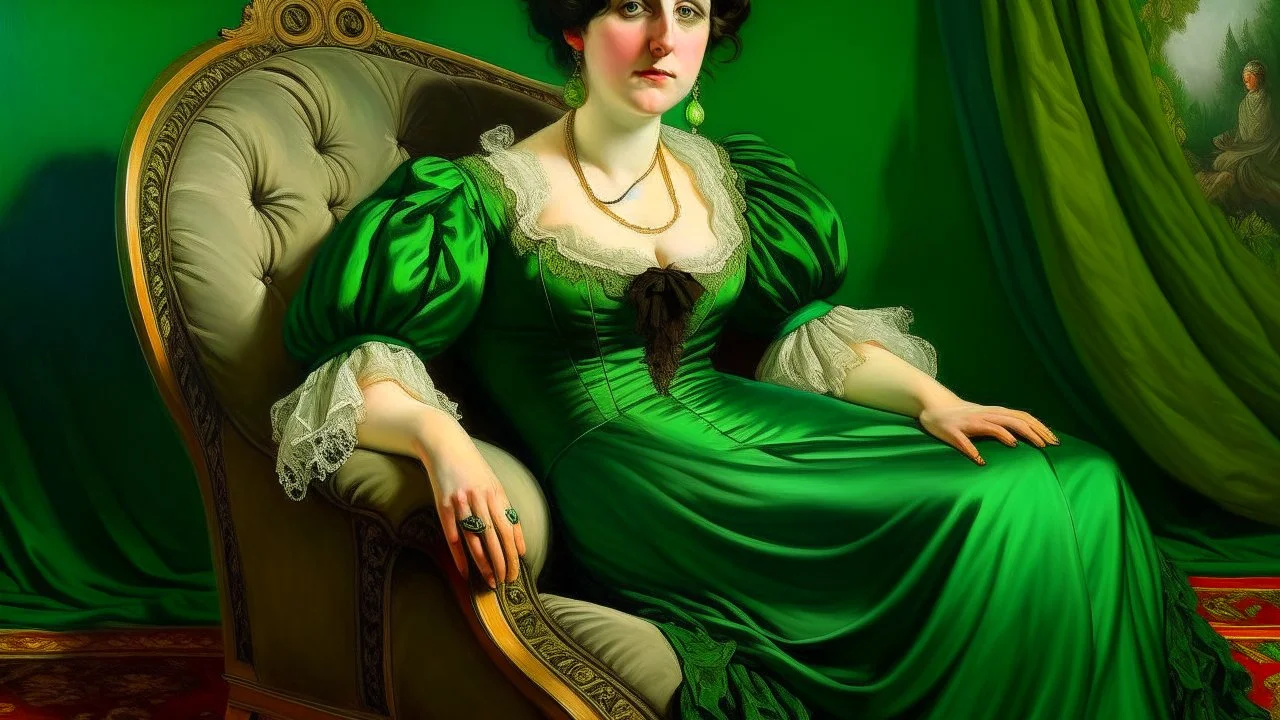 Painting of a woman sitting on a pillow on a green surface, inspired by Jean Auguste Dominique Ingres, hyper-detailed