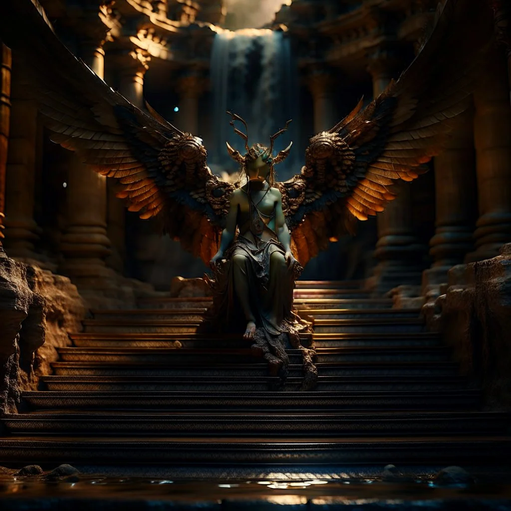 portrait fantastic flying winged medusa in front of a staircase into a portal to the desert in the middle of a waterfall, photo-realistic, shot on Hasselblad h6d-400c, zeiss prime lens, bokeh like f/0.8, tilt-shift lens 8k, high detail, smooth render, down-light, unreal engine, downlight, prize winning