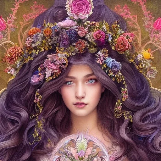 portrait,"Insanely detailed photograph of a beautiful Queen of the light Goddess,gorgeous clean face, highly intricate dress,intricately designed colorful flowers in hair,elegant, highly detailed hair, digital painting, artstation, concept art, smooth, sharp focus, illustration, art by artgerm and greg rutkowski, alphonse mucha,Dan witz, 8 k,looking downward,album cover art,fantasy