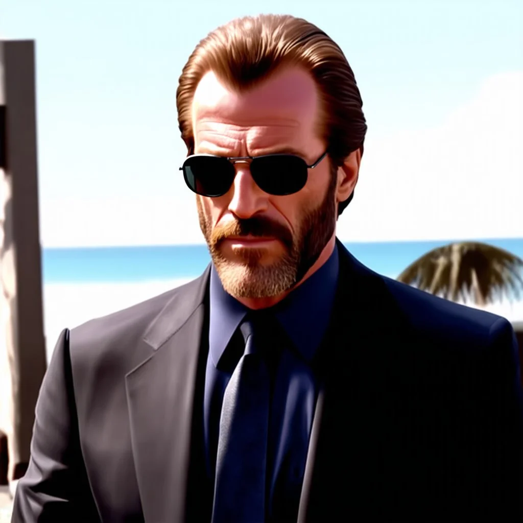 muscular Hans Gruber from the movie Die Hard, dark sunglasses