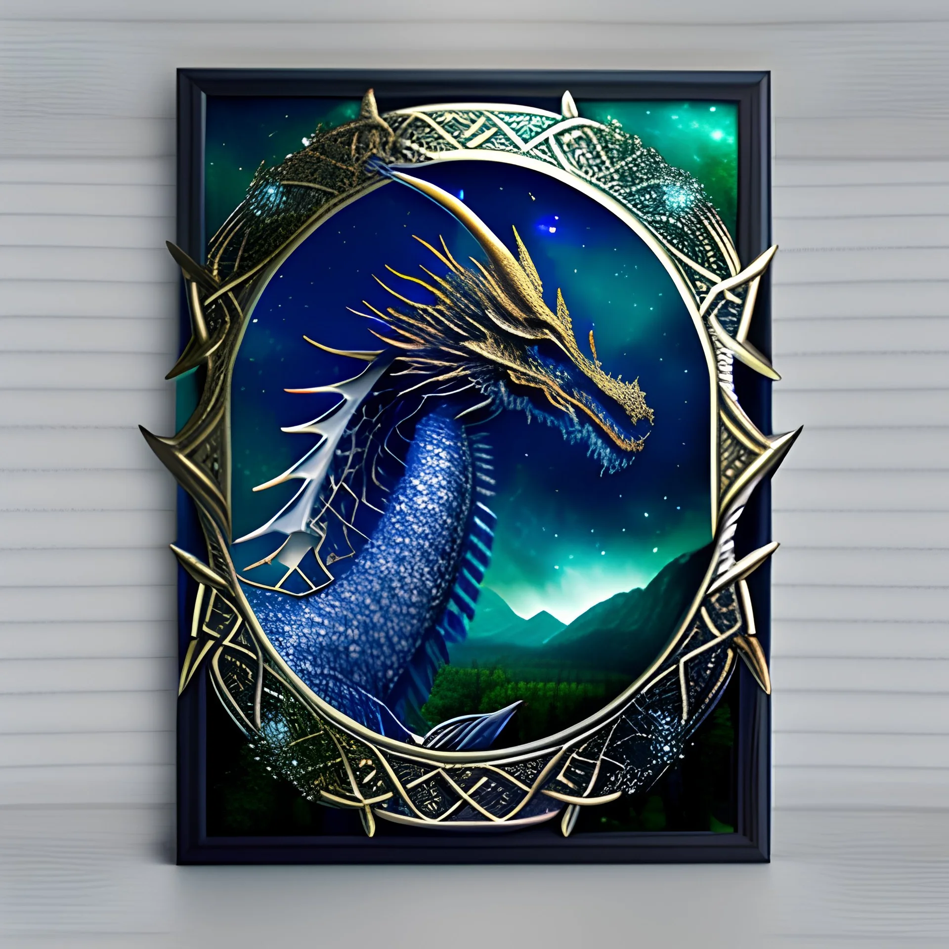 image framed with a thin border of celtic designs, story book cover format, A winged celestial dragon in flight above a forested mountain, against a background of brilliantly glittering stars, hd 4k, fine sharp detail