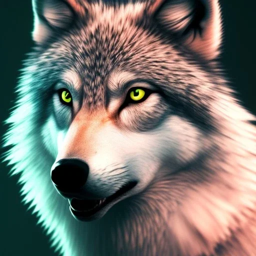 Wolf, white, hyperrealism, masterpiece, expert, 8K, sharp focus, cinematic lighting, pink, green, blue, pastel