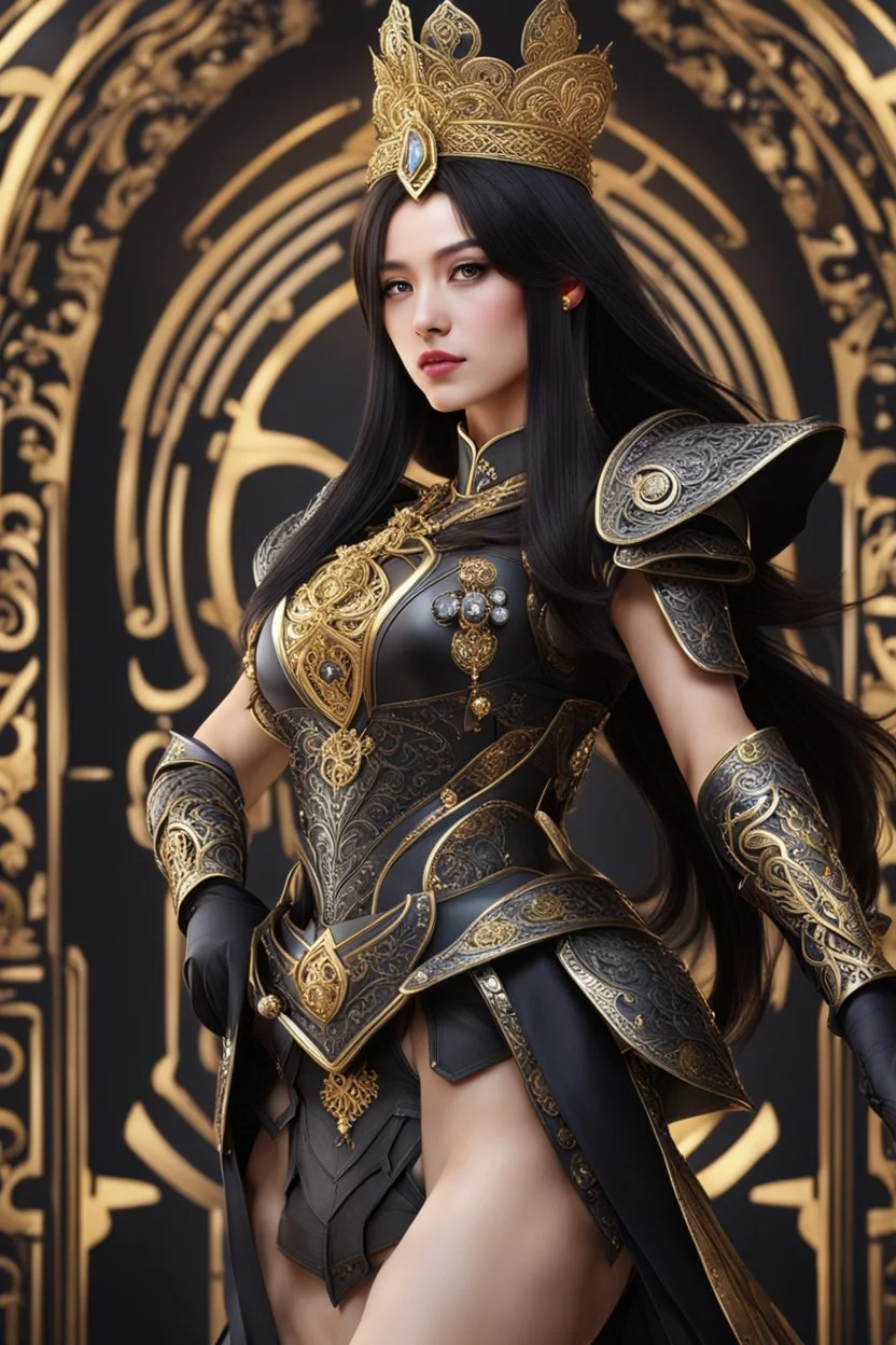 Realistic photography,front_view, (1Queen, looking at viewer), black long hair,traditional dress ornaments mechanical_armor, intricate armor, delicate golden filigree, intricate filigree, black metalic parts, detailed part, dynamic pose, abstrac background, dynamic lighting